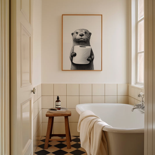 Otter with Toilet Paper Framed Poster, Whimsical Bathroom Decor with Eco-Friendly Premium Matte FSC Paper