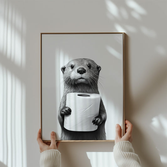 Otter with Toilet Paper Framed Poster, Whimsical Bathroom Decor with Eco-Friendly Premium Matte FSC Paper