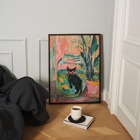 Matisse Black Cat Goldfish Poster, Funny Framed Art with Premium Matte FSC  Paper