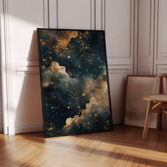 Moody Night Sky Print, Gold Stars, Dark Academia Decor with Premium Matte FSC -Paper